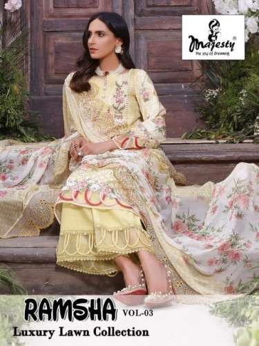RAMSHA VOL-3 BY MAJESTY 1001 TO 1005 SERIES DESIGNER FESTIVE PAKISTANI SUITS COLLECTION BEAUTIFUL STYLISH FANCY COLORFUL PARTY WEAR & OCCASIONAL WEAR PURE COTTON EMBROIDERED DRESSES AT WHOLESALE PRICE