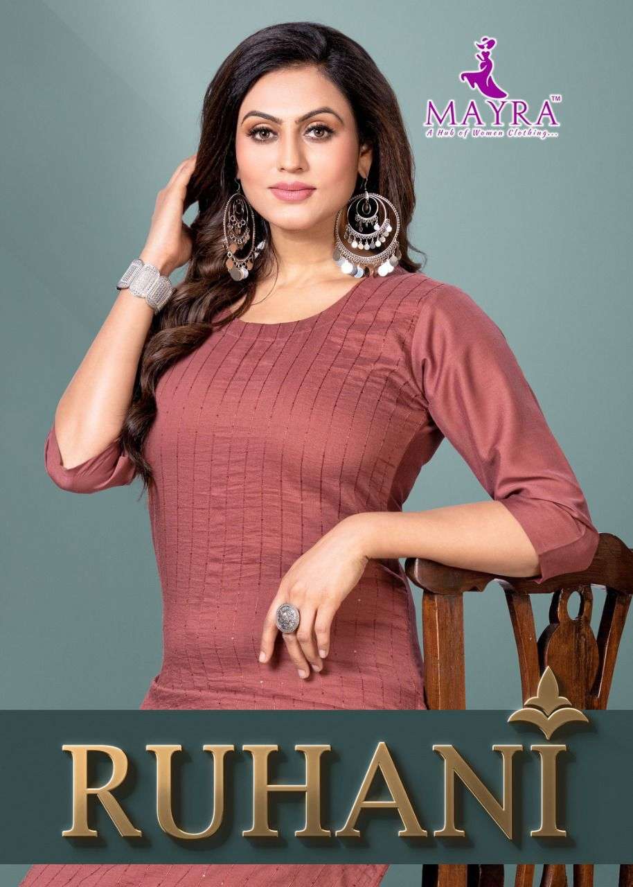 RUHANI BY MAYRA 301 TO 308 SERIES DESIGNER STYLISH FANCY COLORFUL BEAUTIFUL PARTY WEAR & ETHNIC WEAR COLLECTION CHINNON SILK KURTIS AT WHOLESALE PRICE
