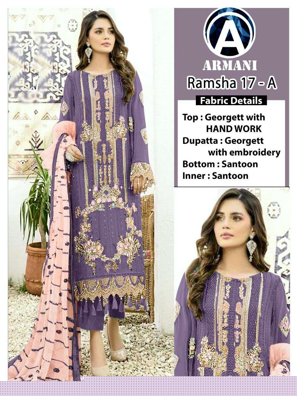 RAMSHA 17 COLOURS BY ARMANI PAKISTANI SUITS BEAUTIFUL FANCY COLORFUL STYLISH PARTY WEAR & OCCASIONAL WEAR GEORGETTE EMBROIDERY DRESSES AT WHOLESALE PRICE