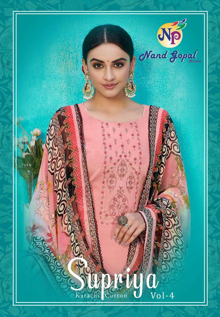 SUPRIYA VOL-4 BY NAND GOPAL PRINT 4001 TO 4010 SERIES BEAUTIFUL SUITS COLORFUL STYLISH FANCY CASUAL WEAR & ETHNIC WEAR PURE COTTON PRINT DRESSES AT WHOLESALE PRICE