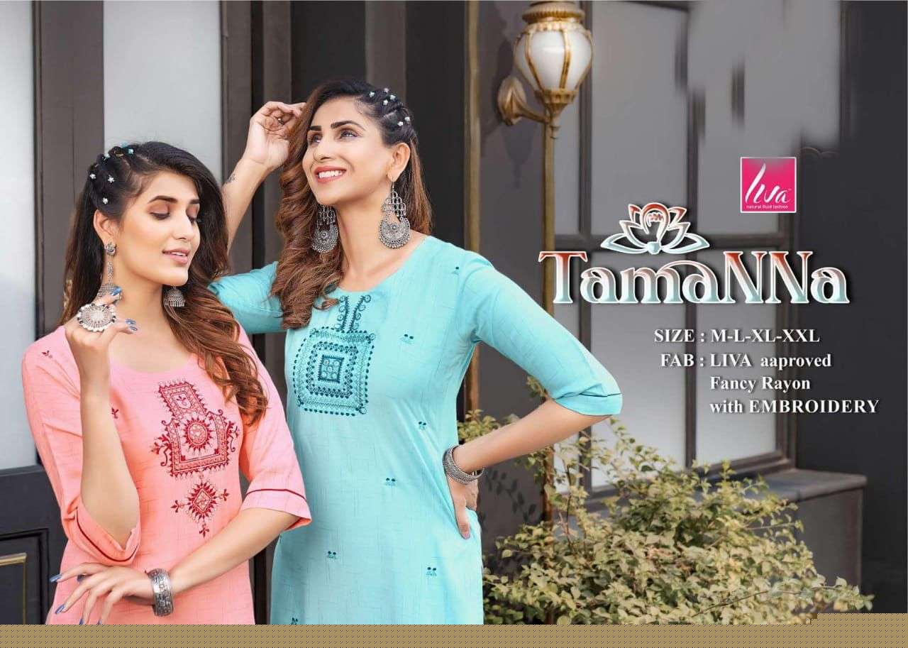 TAMANNA BY LIVA 101 TO 107 SERIES DESIGNER STYLISH FANCY COLORFUL BEAUTIFUL PARTY WEAR & ETHNIC WEAR COLLECTION PURE RAYON KURTIS AT WHOLESALE PRICE