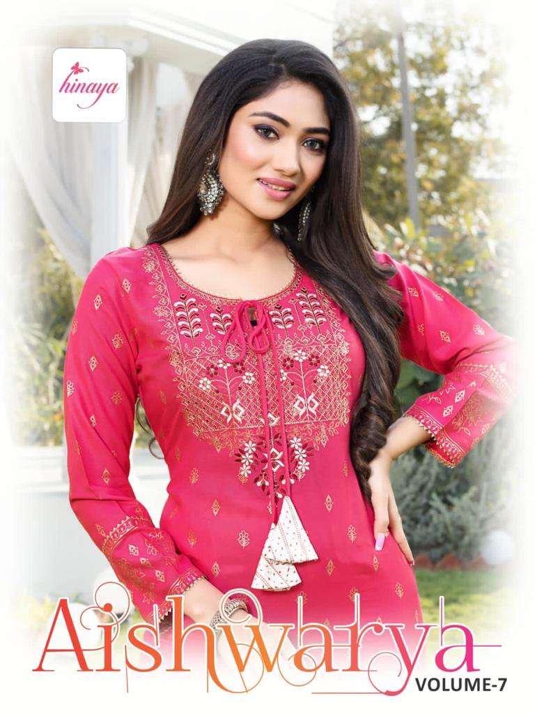 AISHWARYA VOL-7 BY HINAYA 1001 TO 1005 SERIES DESIGNER STYLISH FANCY COLORFUL BEAUTIFUL PARTY WEAR & ETHNIC WEAR COLLECTION RAYON PRINT KURTIS WITH BOTTOM AT WHOLESALE PRICE