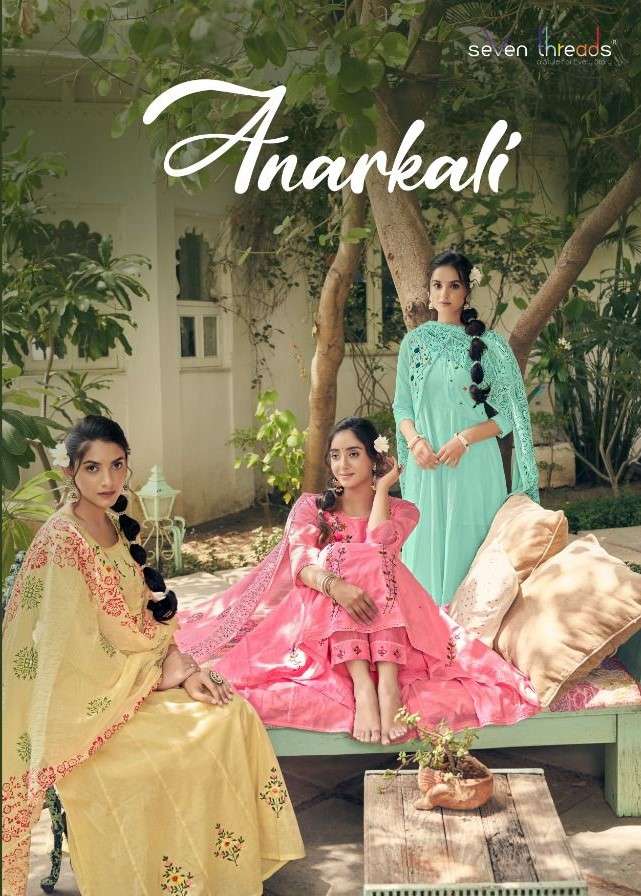ANARKALI BY SEVEN THREADS 1001 TO 1007 SERIES BEAUTIFUL STYLISH ANARKALI SUITS FANCY COLORFUL CASUAL WEAR & ETHNIC WEAR & READY TO WEAR PURE COTTON EMBROIDERED DRESSES AT WHOLESALE PRICE