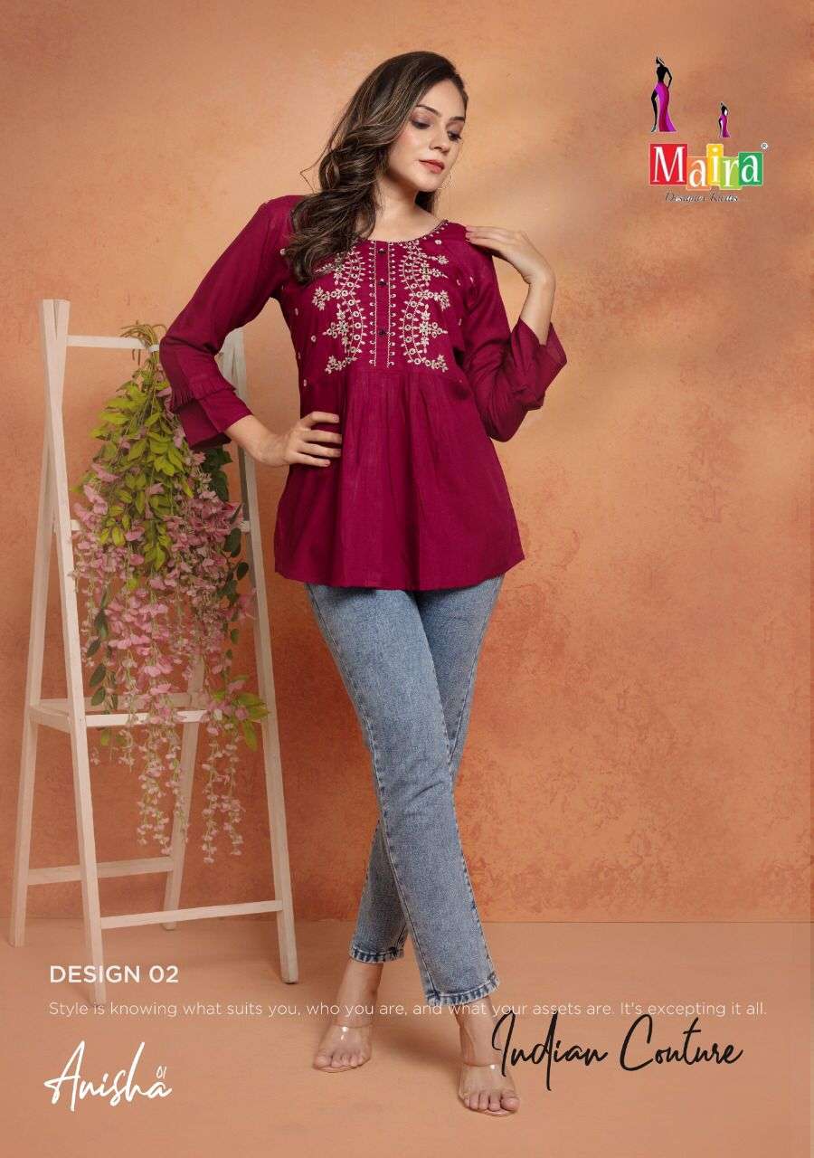 ANISHA BY MAIRA 01 TO 08 SERIES BEAUTIFUL STYLISH FANCY COLORFUL CASUAL WEAR & ETHNIC WEAR HEAVY RAYON TOPS AT WHOLESALE PRICE