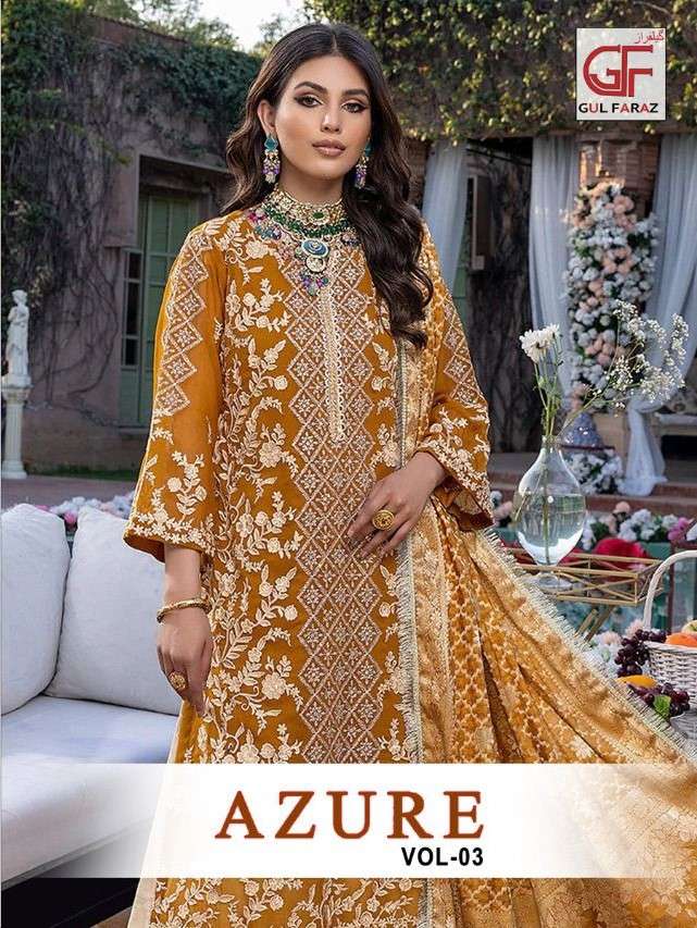 AZURE VOL-3 BY GUL FARAZ 510-A TO 510-D SERIES BEAUTIFUL PAKISTANI SUITS COLORFUL STYLISH FANCY CASUAL WEAR & ETHNIC WEAR FAUX GEORGETTE EMBROIDERED DRESSES AT WHOLESALE PRICE