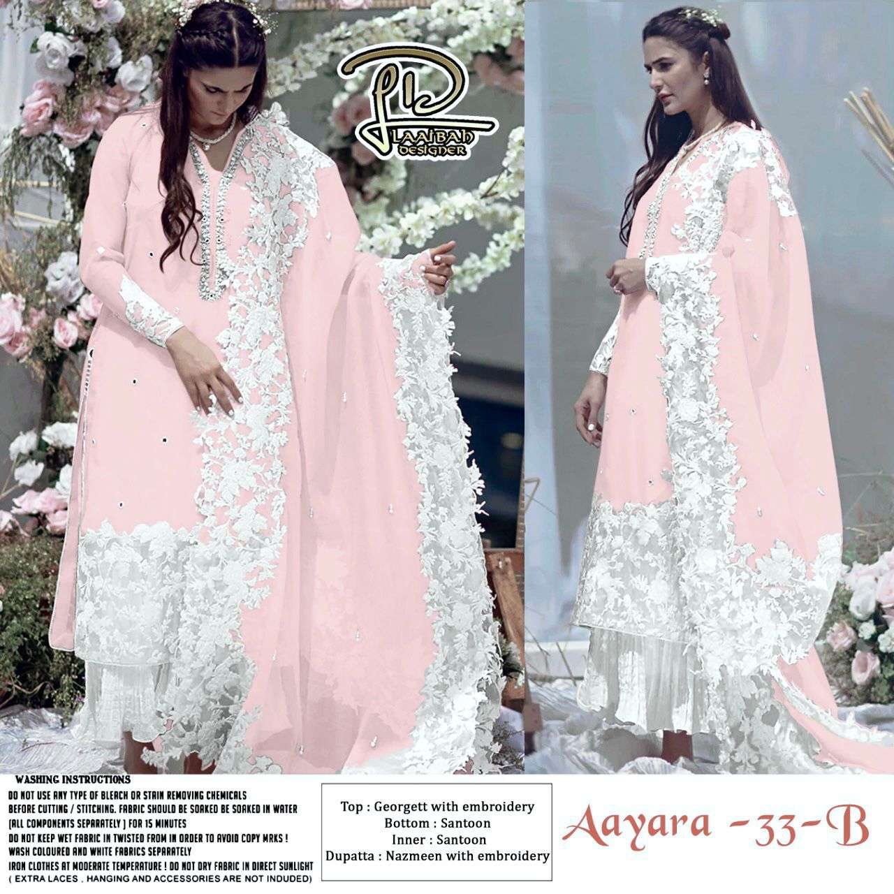 AAYARA 33 COLOURS BY LAAIBAH DESIGNER 33-A TO 33-D SERIES BEAUTIFUL STYLISH PAKISATNI SUITS FANCY COLORFUL CASUAL WEAR & ETHNIC WEAR & READY TO WEAR FAUX GEORGETTE WITH EMBROIDERY DRESSES AT WHOLESALE PRICE
