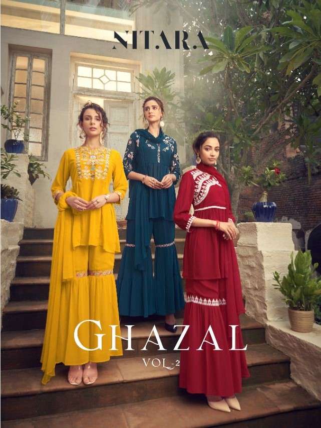GHAZAL VOL-2 BY NITARA 6701 TO 6706 SERIES BEAUTIFUL SHARARA SUITS COLORFUL STYLISH FANCY CASUAL WEAR & ETHNIC WEAR GEORGETTE DRESSES AT WHOLESALE PRICE