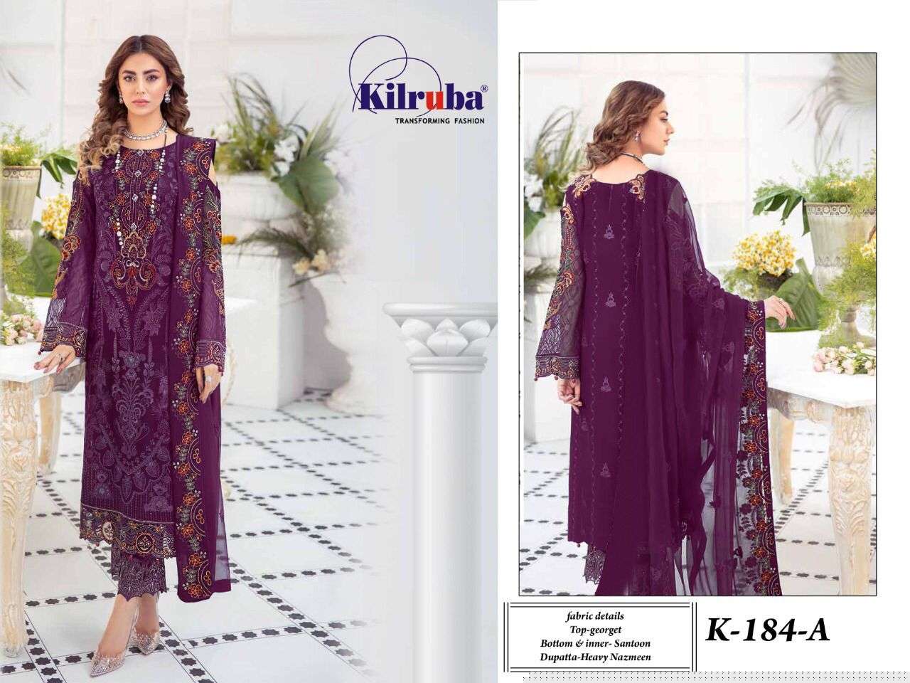 KILRUBA HIT DESIGN K-184 COLOURS BY KILRUBA K-184 TO K-184-A SERIES DESIGNER FESTIVE PAKISTANI SUITS COLLECTION BEAUTIFUL STYLISH FANCY COLORFUL PARTY WEAR & OCCASIONAL WEAR GEORGETTE EMBROIDERED DRESSES AT WHOLESALE PRICE