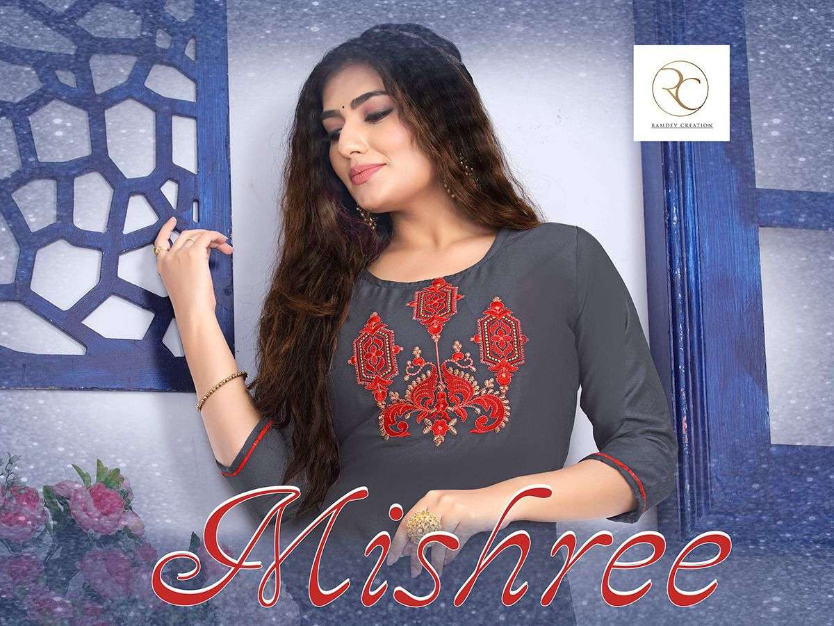 MISHREE BY RC 1001 TO 1008 SERIES DESIGNER STYLISH FANCY COLORFUL BEAUTIFUL PARTY WEAR & ETHNIC WEAR COLLECTION RAYON EMBROIDERED KURTIS WITH BOTTOM AT WHOLESALE PRICE