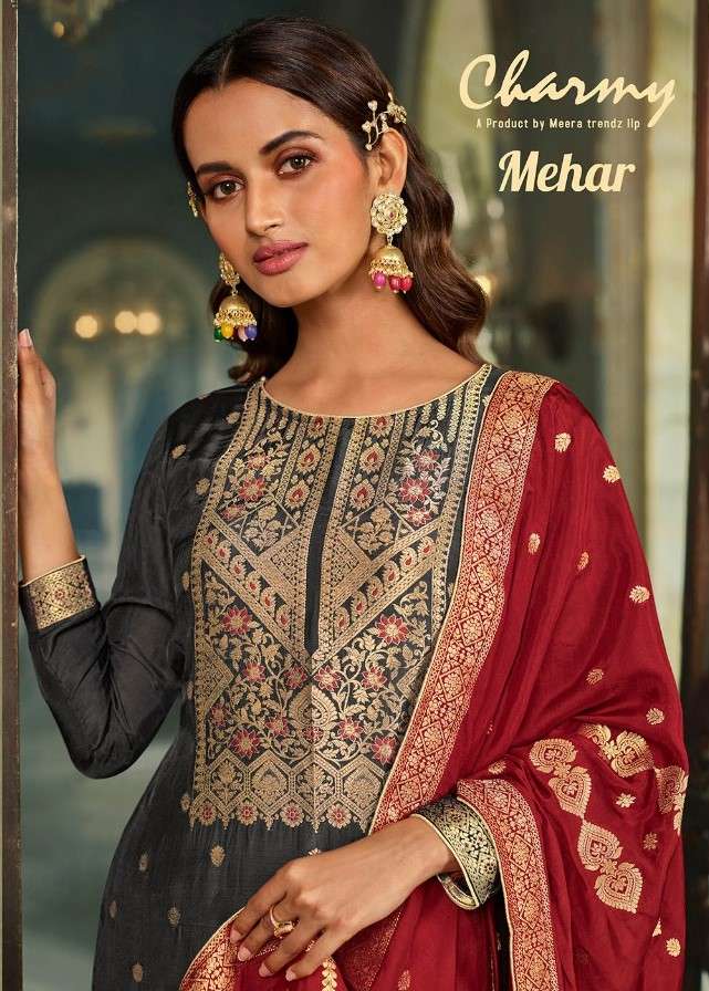 MEHAR BY CHARMY 3801 TO 3806 SERIES BEAUTIFUL SUITS COLORFUL STYLISH FANCY CASUAL WEAR & ETHNIC WEAR SILK JACQUARD DRESSES AT WHOLESALE PRICE