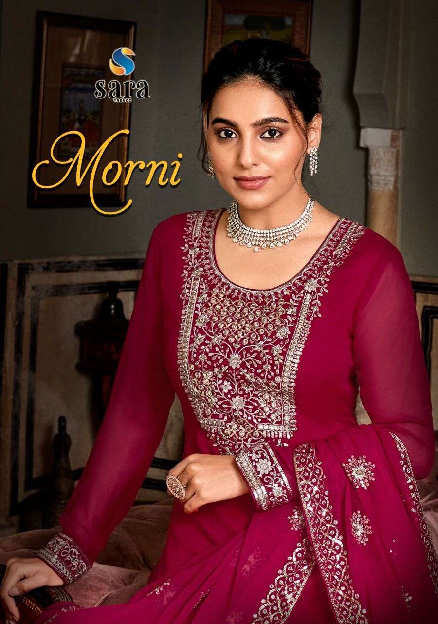 MORNI BY SARA TRENDZ 3051 TO 3054 SERIES BEAUTIFUL SHARARA SUITS COLORFUL STYLISH FANCY CASUAL WEAR & ETHNIC WEAR GEORGETTE EMBROIDERED DRESSES AT WHOLESALE PRICE