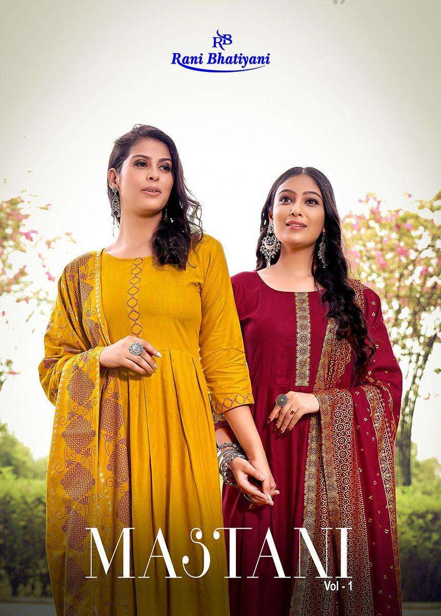 MASTANI VOL-1 BY RANI BHATIYANI 1001 TO 1008 SERIES BEAUTIFUL STYLISH FANCY COLORFUL CASUAL WEAR & ETHNIC WEAR RAYON SLUB GOWNS WITH DUPATTA AT WHOLESALE PRICE