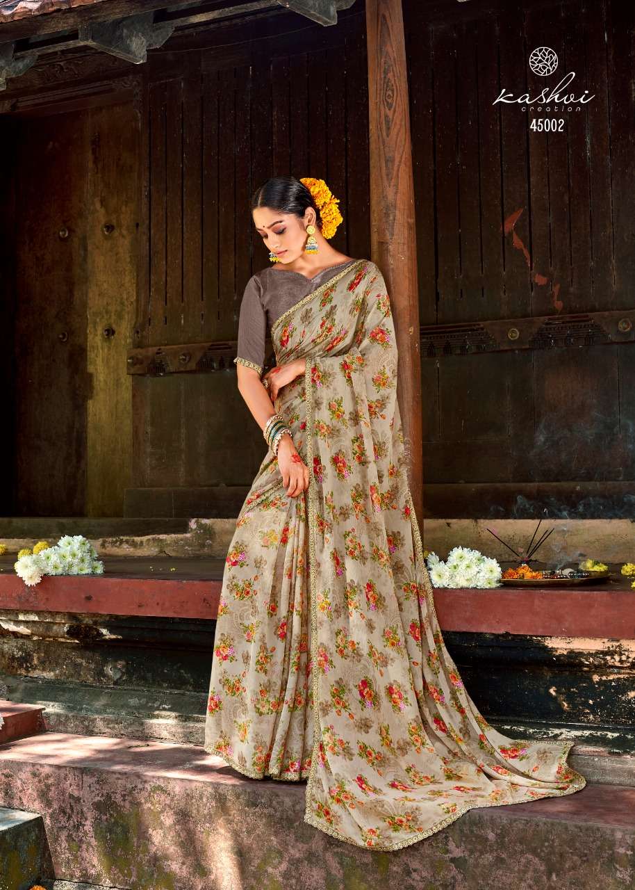 NIRALI BY KASHVI CREATION 45001 TO 45010 SERIES INDIAN TRADITIONAL WEAR COLLECTION BEAUTIFUL STYLISH FANCY COLORFUL PARTY WEAR & OCCASIONAL WEAR CHIFFON SAREES AT WHOLESALE PRICE