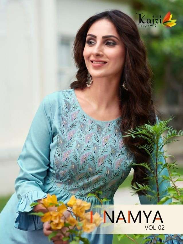 NAMYA VOL-2 BY KAJRI STYLE 2001 TO 2008 SERIES DESIGNER STYLISH FANCY COLORFUL BEAUTIFUL PARTY WEAR & ETHNIC WEAR COLLECTION RAYON WITH WORK KURTIS WITH BOTTOM AT WHOLESALE PRICE
