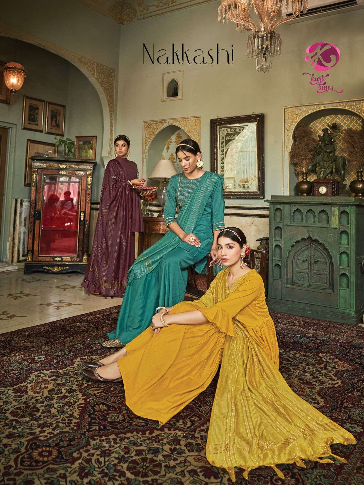 NAKKASHI BY KURTI TIMES 1001 TO 1005 SERIES BEAUTIFUL SHARARA SUITS COLORFUL STYLISH FANCY CASUAL WEAR & ETHNIC WEAR CHINNON SILK DRESSES AT WHOLESALE PRICE