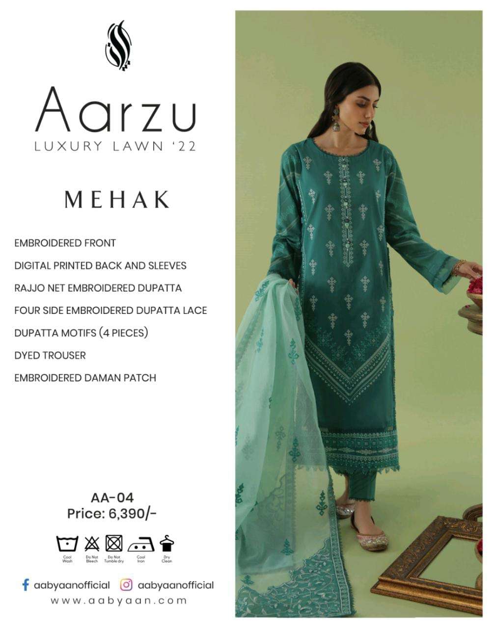 ORIGINIAL PAKISTANI AARZU LUXURY LAWN-22 BY AABHIYAN BEAUTIFUL PAKISTANI SUITS COLORFUL STYLISH FANCY CASUAL WEAR & ETHNIC WEAR DIGITAL PRINT/EMBROIDERED DRESSES AT WHOLESALE PRICE