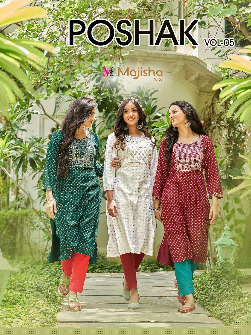 POSHAK VOL-5 BY MAJISHA NX 5001 TO 5010 SERIES DESIGNER STYLISH FANCY COLORFUL BEAUTIFUL PARTY WEAR & ETHNIC WEAR COLLECTION PURE RAYON KURTIS AT WHOLESALE PRICE