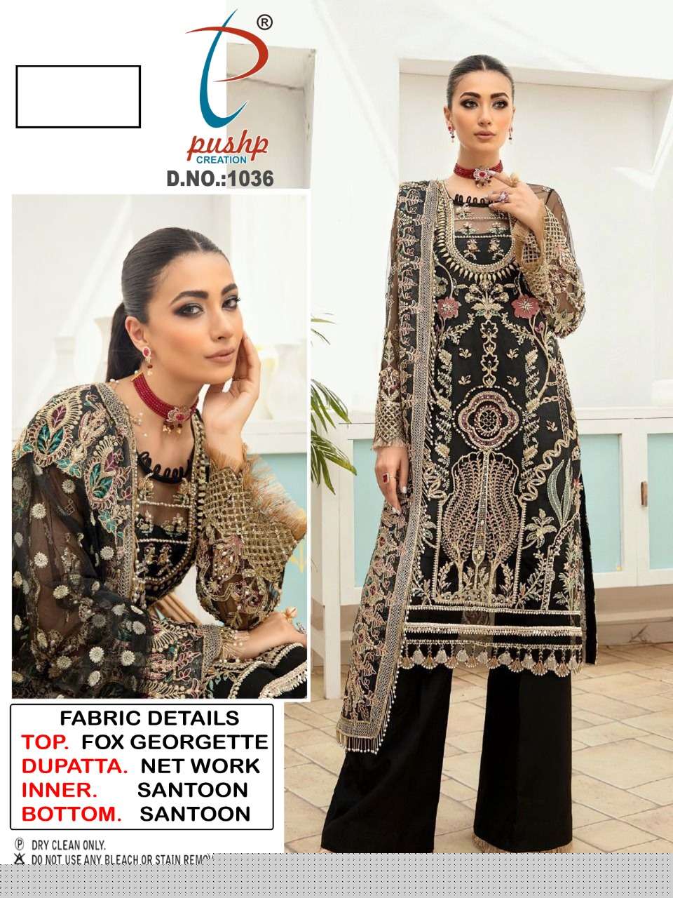 PUSHP HIT DESIGN 1036 BY PUSHP CREATION DESIGNER PAKISTANI SUITS BEAUTIFUL STYLISH FANCY COLORFUL PARTY WEAR & OCCASIONAL WEAR FAUX GEORGETTE EMBROIDERED DRESSES AT WHOLESALE PRICE
