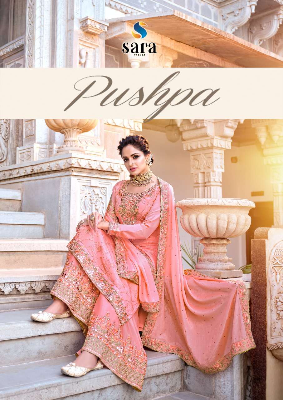 PUSHPA BY SARA TRENDZ 1001 TO 1004 SERIES BEAUTIFUL SUITS COLORFUL STYLISH FANCY CASUAL WEAR & ETHNIC WEAR CHINNON EMBROIDERED DRESSES AT WHOLESALE PRICE
