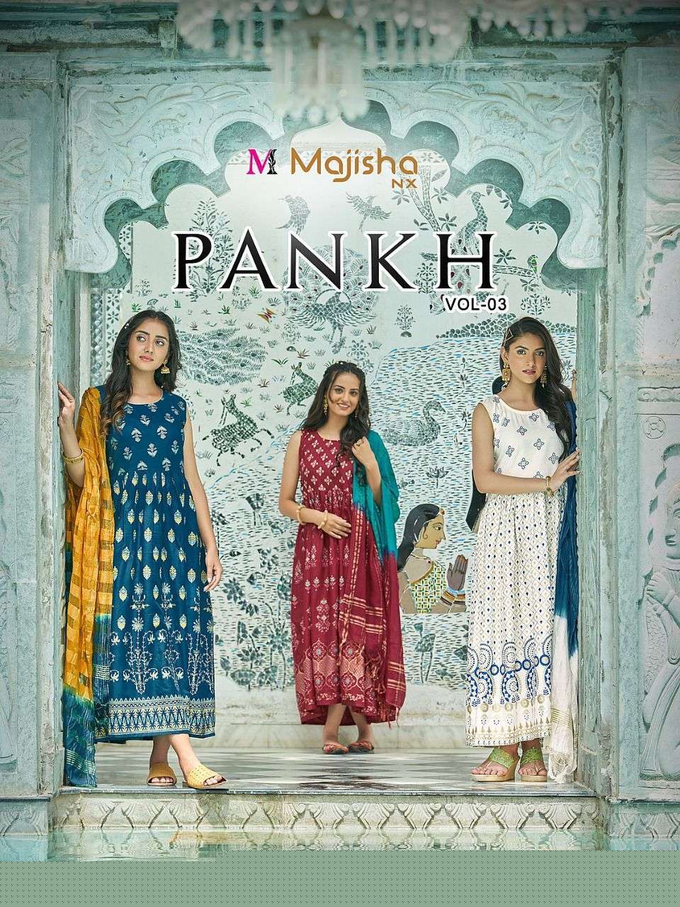 PANKH VOL-3 BY MAJISHA NX 3001 TO 3010 SERIES BEAUTIFUL STYLISH FANCY COLORFUL CASUAL WEAR & ETHNIC WEAR RAYON FOIL GOWNS WITH DUPATTA AT WHOLESALE PRICE