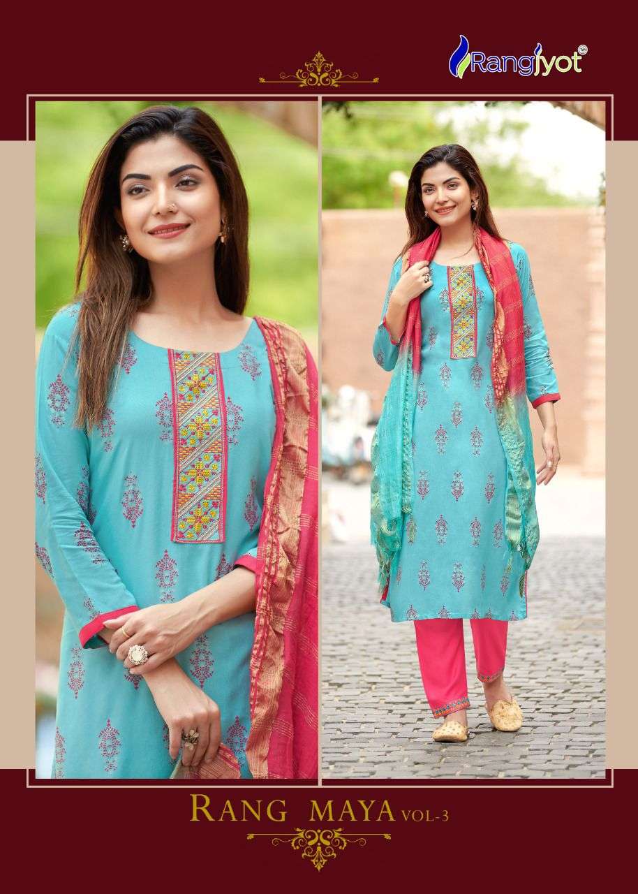Rang Maya Vol-3 By Rangjyot Fashion 3001 To 3008 Series Beautiful Suits Colorful Stylish Fancy Casual Wear & Ethnic Wear Rayon Print With Work Dresses At Wholesale Price