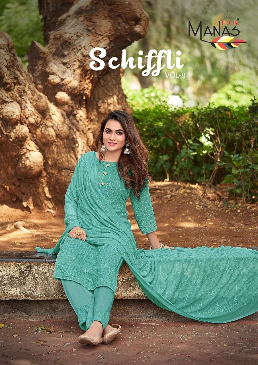 SCHIFFLI VOL-8 BY MANAS FAB 7043 TO 7048 SERIES BEAUTIFUL SUITS COLORFUL STYLISH FANCY CASUAL WEAR & ETHNIC WEAR GEORGETTE WITH SCHIFFLI WORK DRESSES AT WHOLESALE PRICE