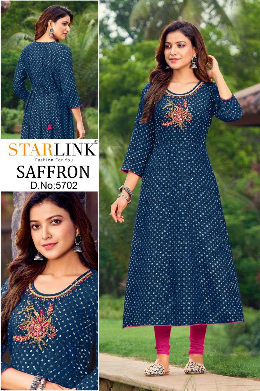 SAFFRON BY STARLINK 5701 TO 5710 SERIES DESIGNER STYLISH FANCY COLORFUL BEAUTIFUL PARTY WEAR & ETHNIC WEAR COLLECTION PURE RAYON KURTIS AT WHOLESALE PRICE