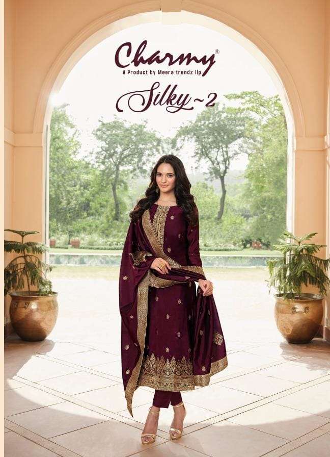 SILKY VOL-2 BY CHARMY 4251 TO 4256 SERIES BEAUTIFUL SUITS COLORFUL STYLISH FANCY CASUAL WEAR & ETHNIC WEAR BEMBERG SILK DRESSES AT WHOLESALE PRICE