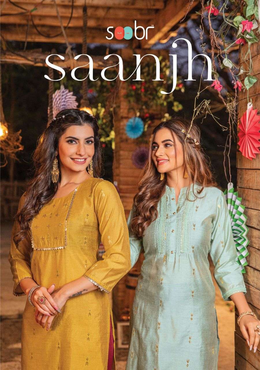 SAANJH BY SOOBR 101 TO 106 SERIES DESIGNER STYLISH FANCY COLORFUL BEAUTIFUL PARTY WEAR & ETHNIC WEAR COLLECTION SILK KURTIS AT WHOLESALE PRICE
