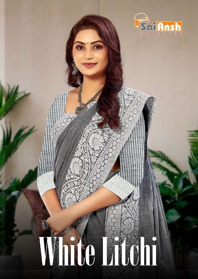 WHITE LICHI BY SAI ANSH 1001 TO 1006 SERIES INDIAN TRADITIONAL WEAR COLLECTION BEAUTIFUL STYLISH FANCY COLORFUL PARTY WEAR & OCCASIONAL WEAR PURE LINEN SAREES AT WHOLESALE PRICE