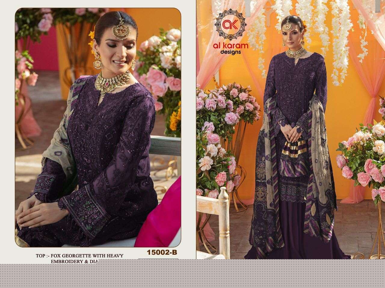 AL KARAM 15002 COLOURS BY AL KARAM DESIGNS 15002-A TO 15002-E SERIES DESIGNER PAKISTANI SUITS BEAUTIFUL STYLISH FANCY COLORFUL PARTY WEAR & OCCASIONAL WEAR HEAVY GEORGETTE EMBROIDERED DRESSES AT WHOLESALE PRICE