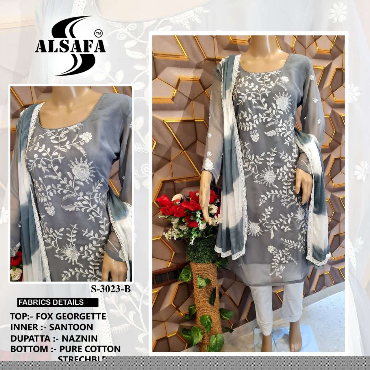 AL-SAFA 3023 COLOURS BY AL-SAFA 3023-A TO 3023-D SERIES BEAUTIFUL PAKISTANI SUITS COLORFUL STYLISH FANCY CASUAL WEAR & ETHNIC WEAR FAUX GEORGETTE DRESSES AT WHOLESALE PRICE