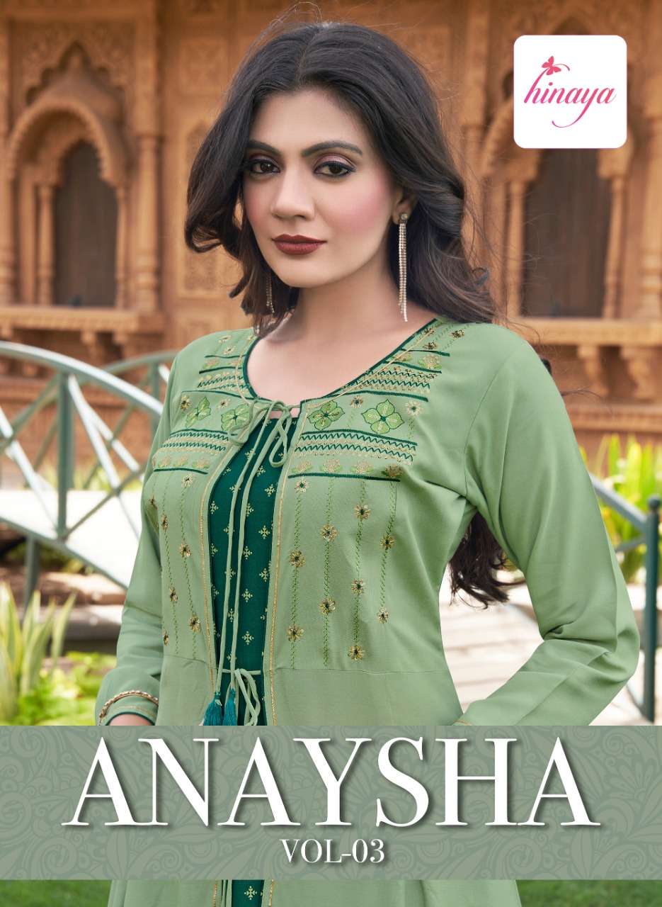 ANAYSHA VOL-3 BY HINAYA 1001 TO 1004 SERIES DESIGNER STYLISH FANCY COLORFUL BEAUTIFUL PARTY WEAR & ETHNIC WEAR COLLECTION PURE RAYON KURTIS WITH JACKETS AT WHOLESALE PRICE