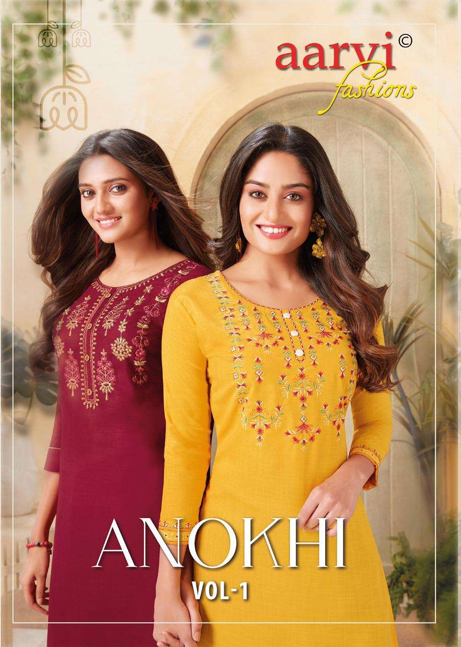 ANOKHI VOL-1 BY AARVI FASHION 6001 TO 6006 SERIES DESIGNER STYLISH FANCY COLORFUL BEAUTIFUL PARTY WEAR & ETHNIC WEAR COLLECTION SILK COTTON KURTIS AT WHOLESALE PRICE