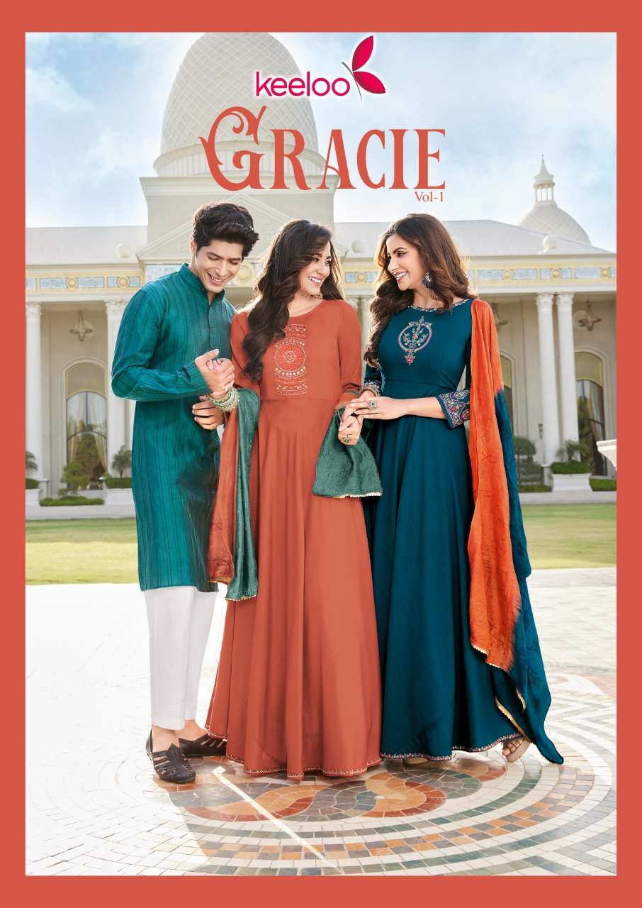 GRACIE VOL-1 BY KEELOO 1001 TO 1006 SERIES BEAUTIFUL STYLISH FANCY COLORFUL CASUAL WEAR & ETHNIC WEAR VISCOSE SLUB GOWNS WITH DUPATTA AT WHOLESALE PRICE