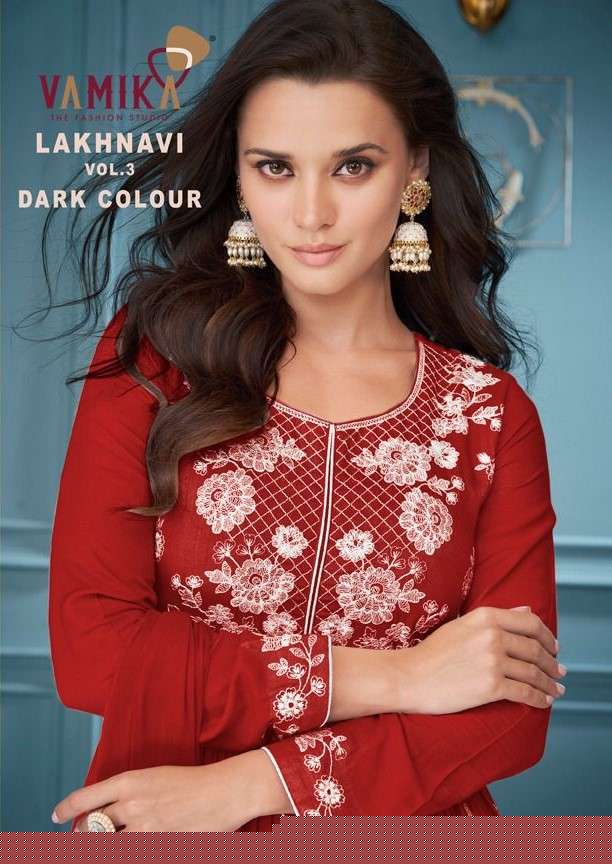 LAKHNAVI VOL-3 DARK COLOURS BY VAMIKA 1018-E TO 1018-H SERIES BEAUTIFUL SHARARA SUITS COLORFUL STYLISH FANCY CASUAL WEAR & ETHNIC WEAR RAYON WITH WORK DRESSES AT WHOLESALE PRICE