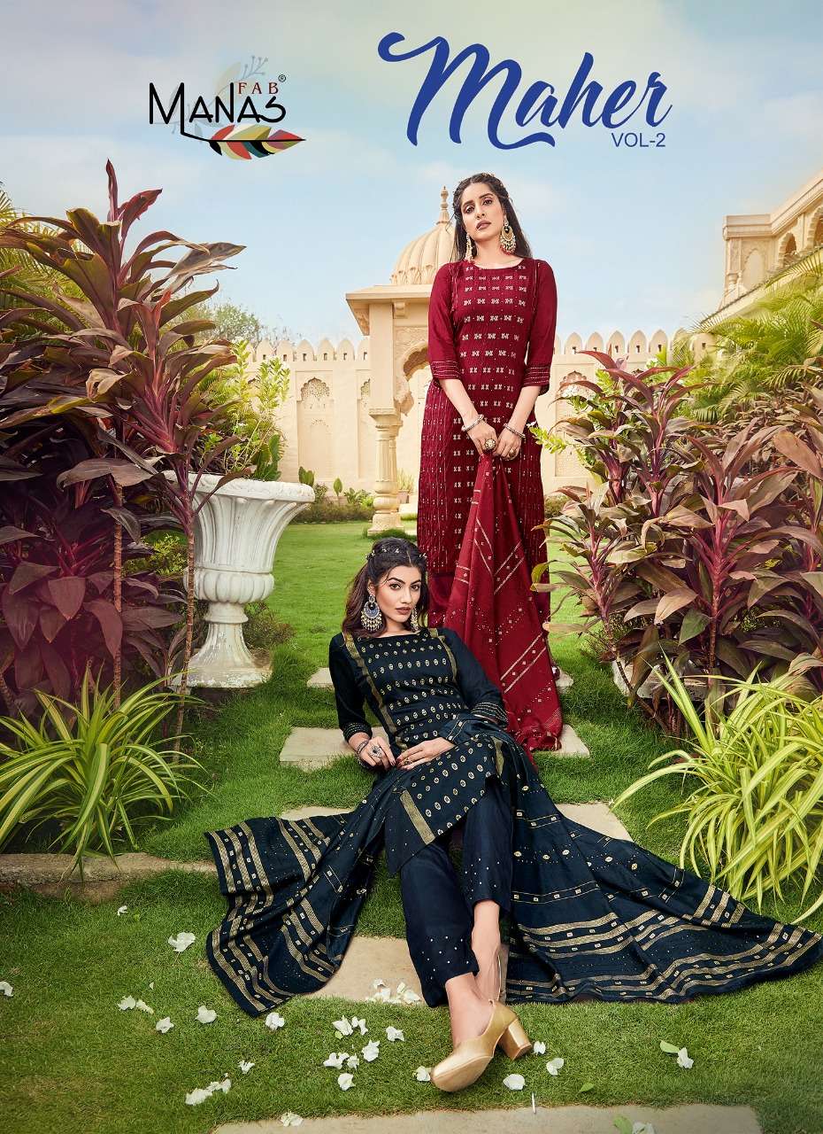 MAHER VOL-2 BY MANAS FAB 107 TO 112 SERIES BEAUTIFUL SUITS COLORFUL STYLISH FANCY CASUAL WEAR & ETHNIC WEAR PURE VISCOSE JACQUARD WITH WORK DRESSES AT WHOLESALE PRICE