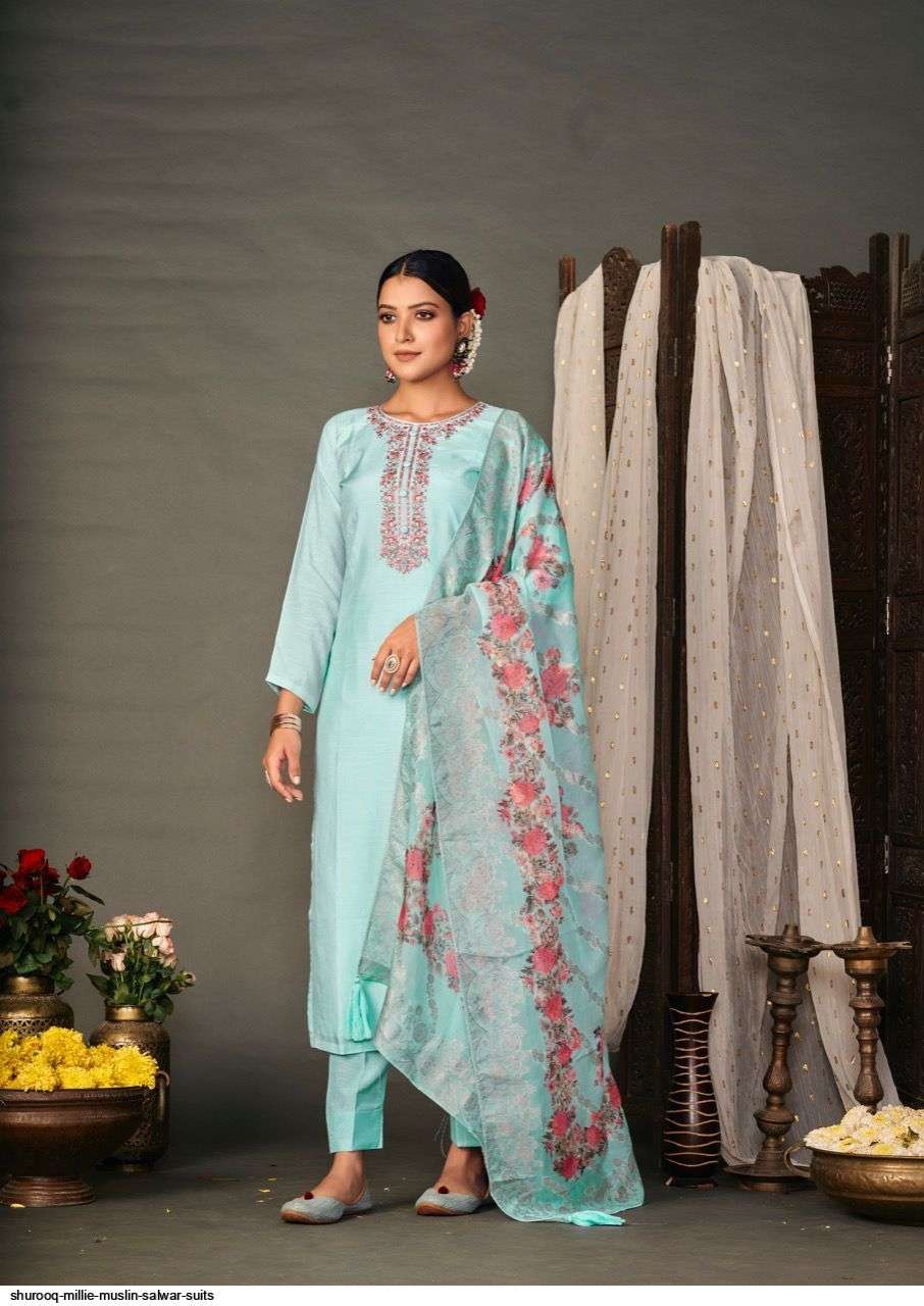MILLIE BY SHUROOQ 10093 TO 10096 SERIES BEAUTIFUL SUITS COLORFUL STYLISH FANCY CASUAL WEAR & ETHNIC WEAR PURE MUSLIN DRESSES AT WHOLESALE PRICE