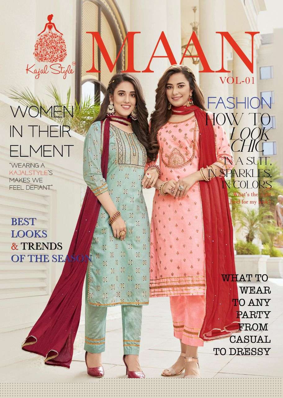 MAAN VOL-1 BY KAJAL STYLE 1001 TO 1008 SERIES BEAUTIFUL SUITS COLORFUL STYLISH FANCY CASUAL WEAR & ETHNIC WEAR CHANDERI PRINT DRESSES AT WHOLESALE PRICE