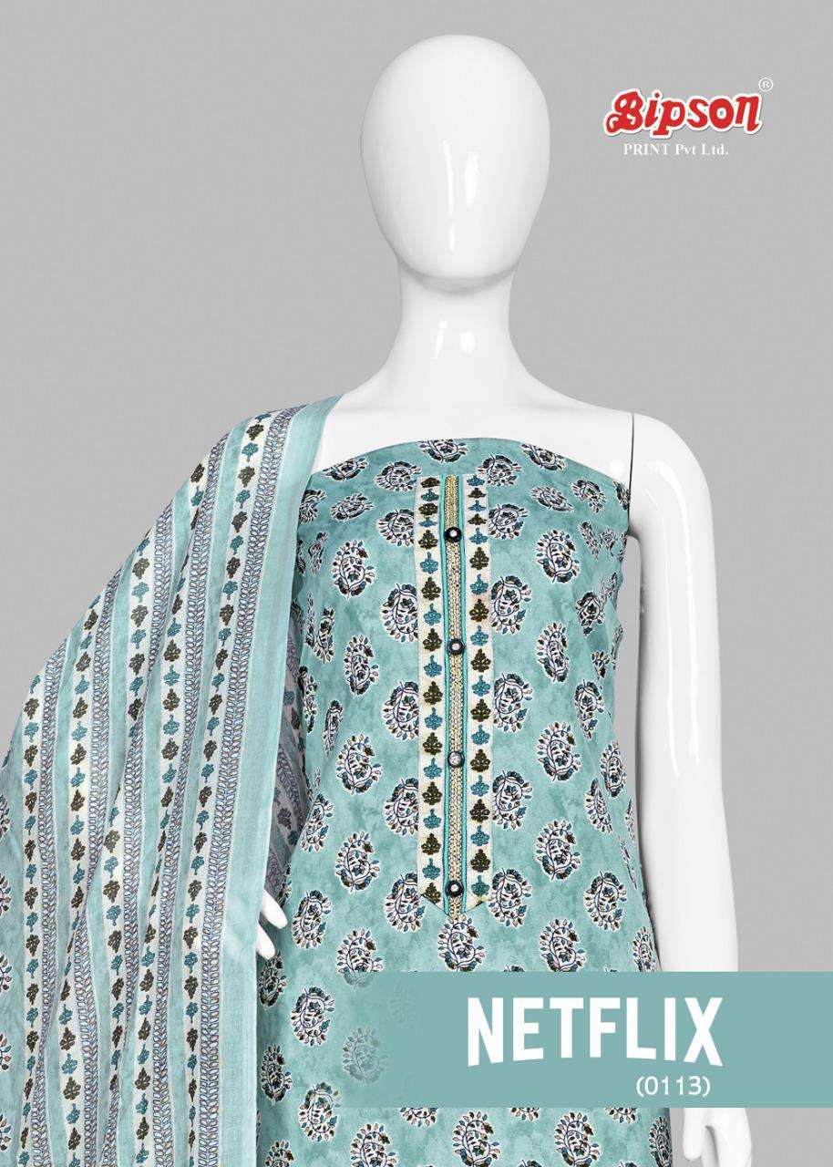 NETFLIX 113 BY BIPSON 113-A TO 113-D SERIES BEAUTIFUL WINTER COLLECTION SUITS STYLISH FANCY COLORFUL CASUAL WEAR & ETHNIC WEAR PURE COTTON PRINT WITH WORK DRESSES AT WHOLESALE PRICE