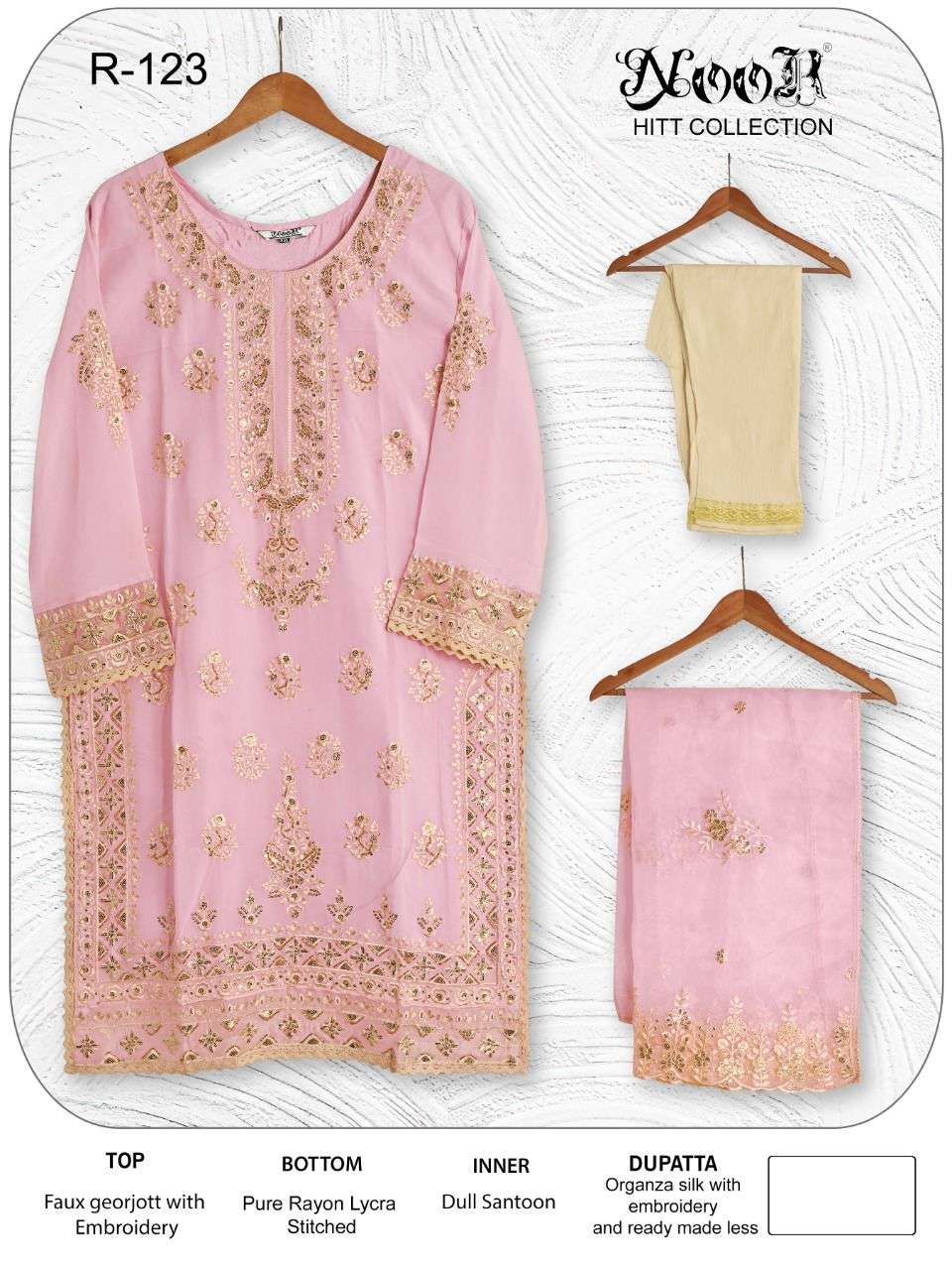NOOR HIT DESIGN R-123 BY NOOR PAKISTANI SUITS BEAUTIFUL FANCY COLORFUL STYLISH PARTY WEAR & OCCASIONAL WEAR FAUX GEORGETTE EMBROIDERY DRESSES AT WHOLESALE PRICE