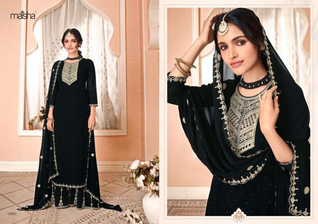 NAZMI BY MAISHA 12001 TO 12006 SERIES BEAUTIFUL SHARARA SUITS COLORFUL STYLISH FANCY CASUAL WEAR & ETHNIC WEAR PURE GEORGETTE DRESSES AT WHOLESALE PRICE