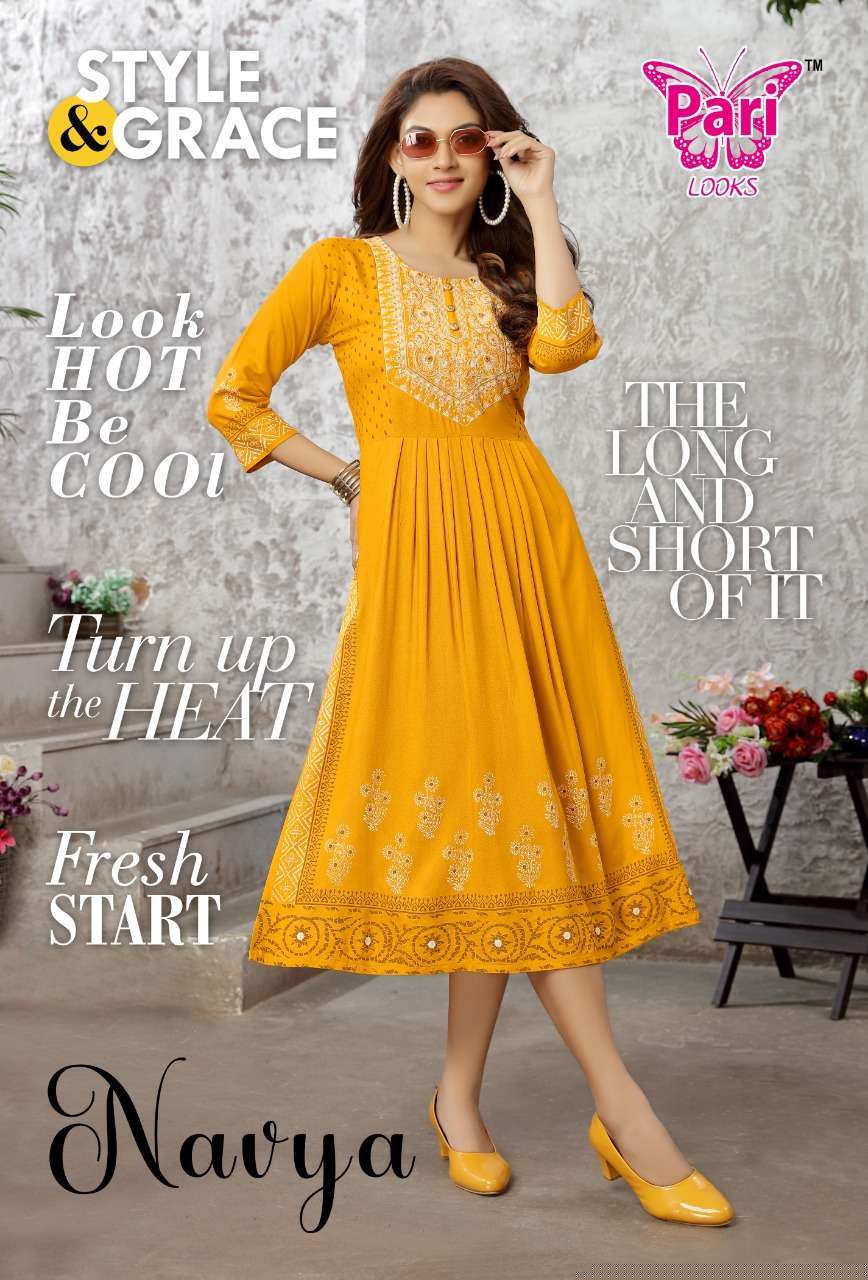 NAVYA BY PARI 101 TO 106 SERIES DESIGNER STYLISH FANCY COLORFUL BEAUTIFUL PARTY WEAR & ETHNIC WEAR COLLECTION PURE RAYON KURTIS AT WHOLESALE PRICE
