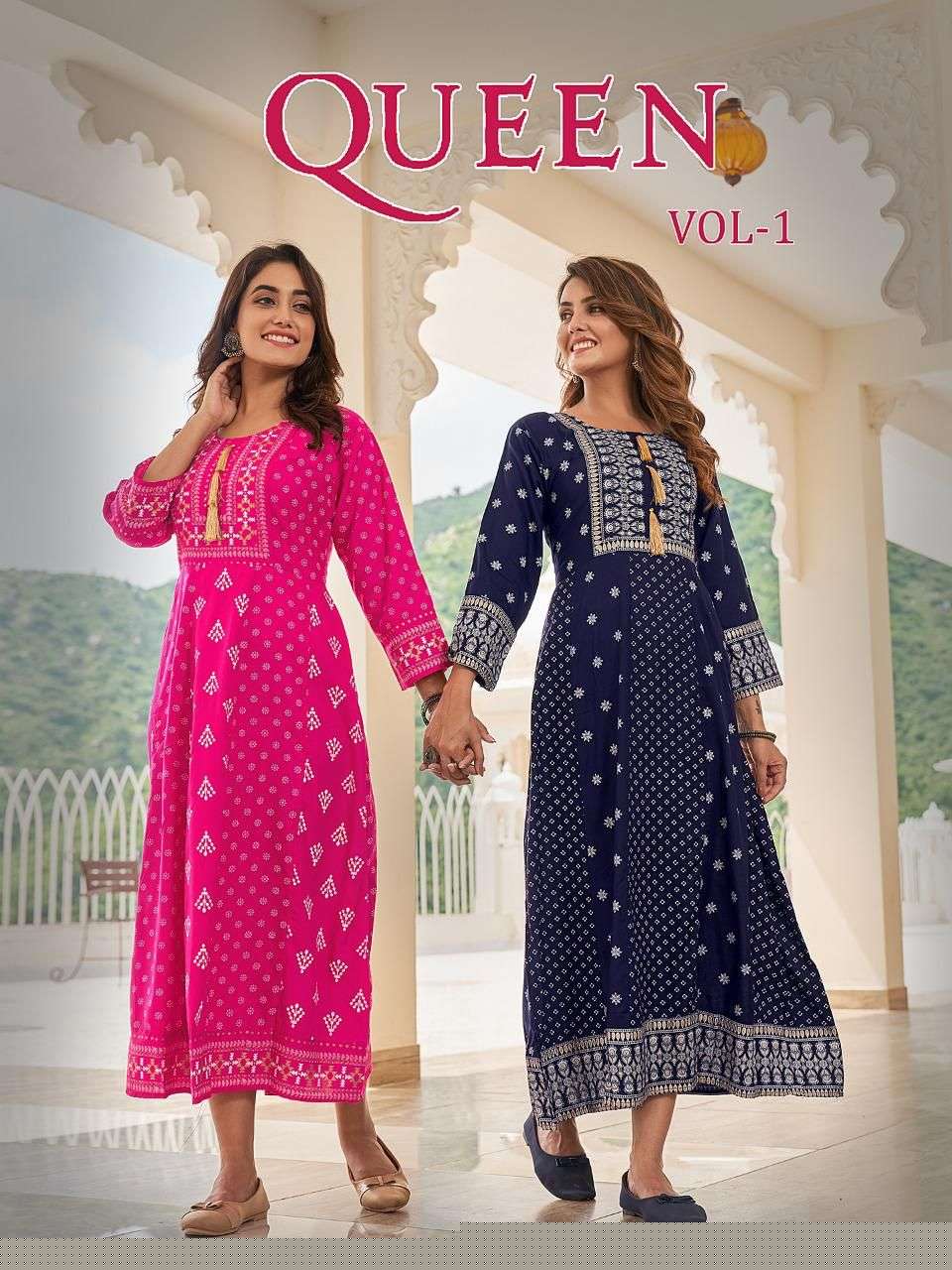QUEEN VOL-1 BY BANWERY FASHION 1001 TO 1008 SERIES BEAUTIFUL STYLISH FANCY COLORFUL CASUAL WEAR & ETHNIC WEAR RAYON FOIL GOWNS AT WHOLESALE PRICE