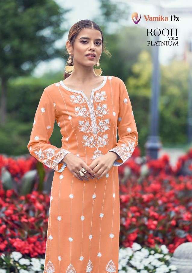 ROOH VOL-2 PLATINUM BY VAMIKA 1107-A TO 1107-E SERIES DESIGNER STYLISH FANCY COLORFUL BEAUTIFUL PARTY WEAR & ETHNIC WEAR COLLECTION VISCOSE RAYON KURTIS WITH BOTTOM AT WHOLESALE PRICE
