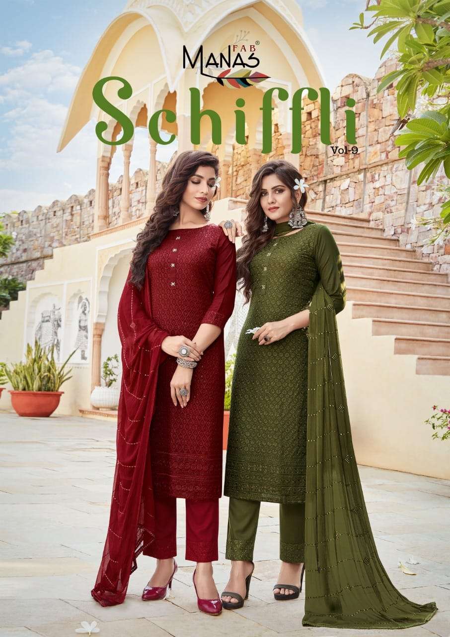 SCHIFFLI VOL-9 BY MANAS FAB 7049 TO 7054 SERIES BEAUTIFUL SUITS COLORFUL STYLISH FANCY CASUAL WEAR & ETHNIC WEAR RAYON WITH SCHIFFLI WORK DRESSES AT WHOLESALE PRICE