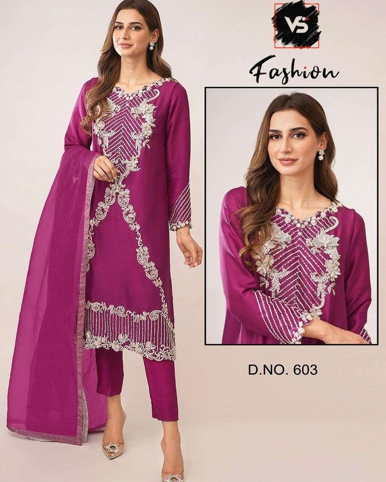 V S FASHION HIT DESIGN 603 BY V S FASHION BEAUTIFUL PAKISTANI SUITS COLORFUL STYLISH FANCY CASUAL WEAR & ETHNIC WEAR FAUX GEORGETTE DRESSES AT WHOLESALE PRICE