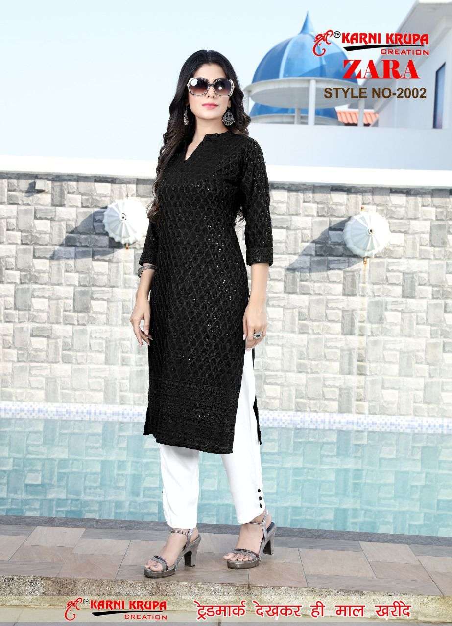 ZARA BY KARNI KRUPA CREATION 1001 TO 1008 SERIES DESIGNER STYLISH FANCY COLORFUL BEAUTIFUL PARTY WEAR & ETHNIC WEAR COLLECTION RAYON WITH WORK KURTIS WITH BOTTOM AT WHOLESALE PRICE