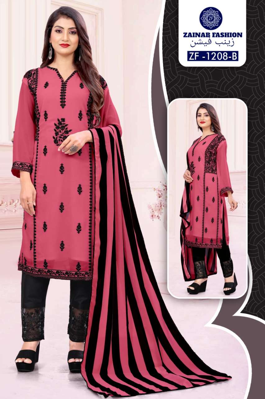 ZF-1208 BY ZAINAB FASHION 1208-A TO 1208-C SERIES PAKISTANI SUITS BEAUTIFUL FANCY COLORFUL STYLISH PARTY WEAR & OCCASIONAL WEAR PURE GEORGETTE WITH EMBROIDERY DRESSES AT WHOLESALE PRICE