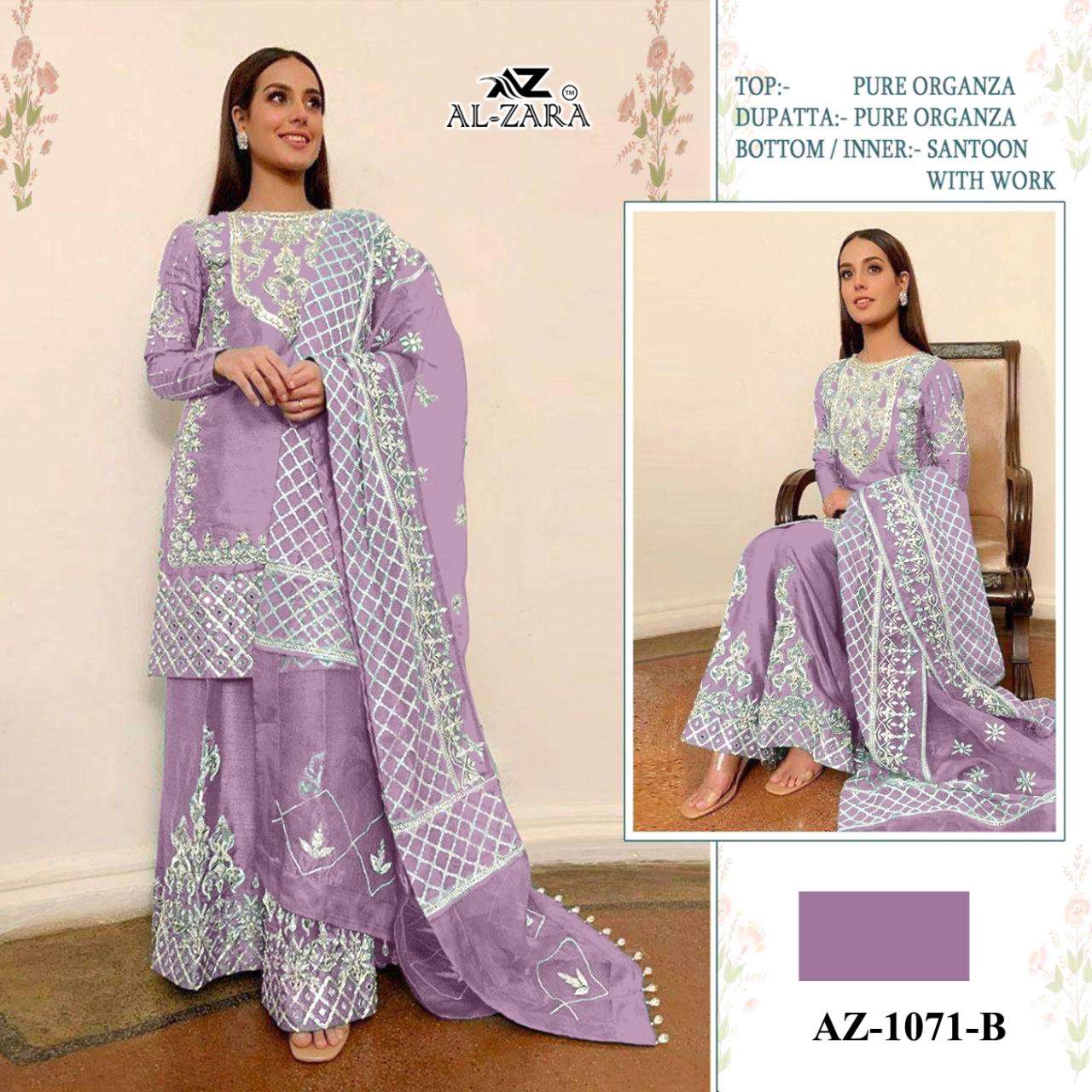 AL ZARA 1071 COLOURS BY AL ZARA 1071-A TO 1071-D SERIES BEAUTIFUL PAKISTANI SUITS COLORFUL STYLISH FANCY CASUAL WEAR & ETHNIC WEAR ORGANZA DRESSES AT WHOLESALE PRICE